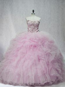 Sleeveless Tulle Brush Train Lace Up 15 Quinceanera Dress in Lilac with Beading and Ruffles