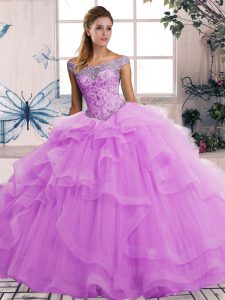 Colorful Sleeveless Tulle Floor Length Lace Up Sweet 16 Quinceanera Dress in Lilac with Beading and Ruffles