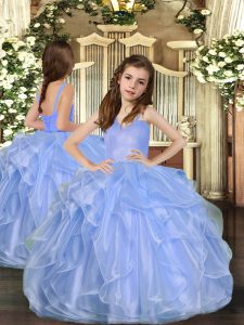 Floor Length Ball Gowns Sleeveless Blue Kids Formal Wear Lace Up