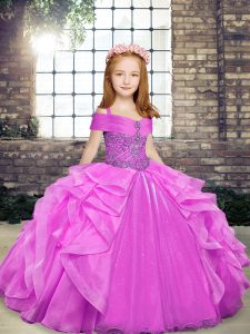 Lilac Lace Up Straps Beading and Ruffles Girls Pageant Dresses Organza Sleeveless