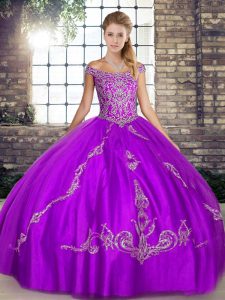 Floor Length Purple Quinceanera Gowns Off The Shoulder Sleeveless Lace Up