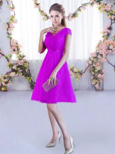 V-neck Cap Sleeves Lace Up Quinceanera Court Dresses Fuchsia Lace