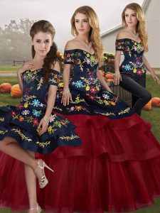 Inexpensive Wine Red Quince Ball Gowns Military Ball and Sweet 16 and Quinceanera with Embroidery and Ruffled Layers Off The Shoulder Sleeveless Brush Train Lace Up