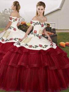 Cheap Wine Red Off The Shoulder Lace Up Embroidery and Ruffled Layers Sweet 16 Dresses Brush Train Sleeveless