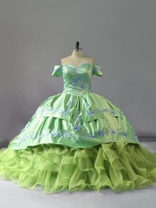 Yellow Green Organza Lace Up Off The Shoulder Sleeveless Sweet 16 Quinceanera Dress Chapel Train Embroidery and Ruffles