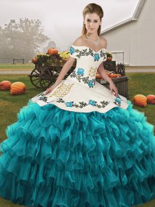 Popular Teal Off The Shoulder Neckline Embroidery and Ruffled Layers 15 Quinceanera Dress Sleeveless Lace Up