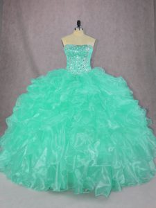 Low Price Strapless Sleeveless Quinceanera Dress Floor Length Beading and Ruffles Turquoise Organza