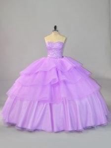 Excellent Sleeveless Organza Lace Up Quince Ball Gowns in Lavender with Beading and Ruffled Layers