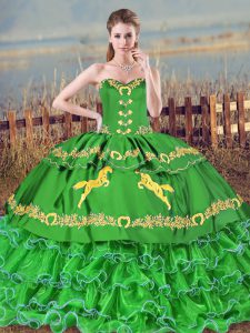 Fancy Green Ball Gowns Sweetheart Sleeveless Organza Brush Train Lace Up Embroidery and Ruffled Layers Sweet 16 Dresses
