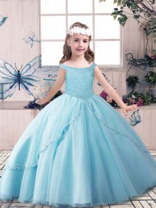 Floor Length Lace Up Kids Formal Wear Blue for Party and Sweet 16 and Wedding Party with Beading