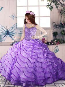 Lavender Ball Gowns Organza Straps Sleeveless Beading and Ruffled Layers Lace Up Little Girl Pageant Dress Brush Train