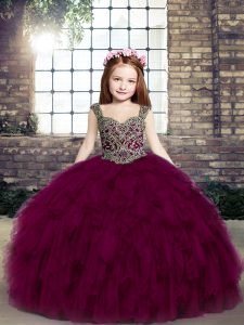 Latest Fuchsia Ball Gowns Tulle Straps Sleeveless Beading Floor Length Lace Up Pageant Dress for Girls