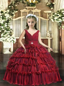Sleeveless Floor Length Beading and Ruffled Layers Backless Little Girl Pageant Dress with Red