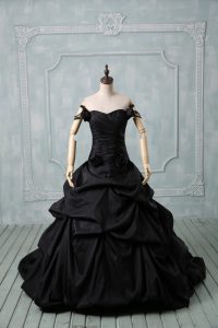 Black Off The Shoulder Neckline Pick Ups and Hand Made Flower Military Ball Dresses Sleeveless Lace Up
