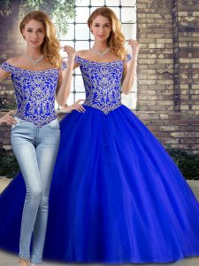 Fitting Royal Blue Sweet 16 Dresses Military Ball and Sweet 16 and Quinceanera with Beading Off The Shoulder Sleeveless Brush Train Lace Up