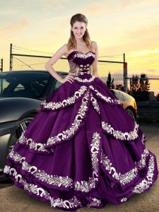 Flirting Satin Sweetheart Sleeveless Lace Up Embroidery and Ruffled Layers Vestidos de Quinceanera in Purple