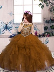 Scoop Sleeveless Pageant Dresses Floor Length Beading and Ruffles Brown Organza