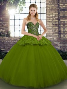 New Style Olive Green Sleeveless Beading and Appliques Floor Length Quinceanera Dresses