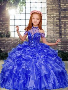Customized Blue Sleeveless Organza Lace Up Pageant Dress Womens for Party and Military Ball and Wedding Party
