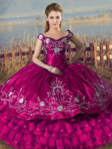Eye-catching Off The Shoulder Sleeveless Satin and Organza 15th Birthday Dress Embroidery and Ruffled Layers Lace Up