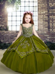 Fashionable Floor Length Olive Green Pageant Dress Wholesale Straps Sleeveless Lace Up