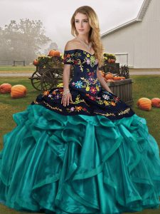 Latest Off The Shoulder Sleeveless Organza Quinceanera Dresses Embroidery and Ruffles Lace Up