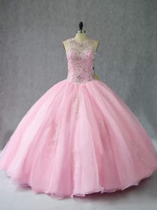 Exquisite Baby Pink Sleeveless Beading Floor Length Vestidos de Quinceanera