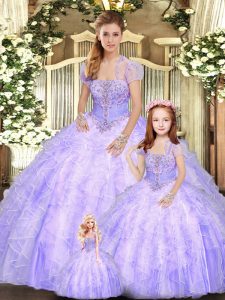 Captivating Lavender Lace Up Strapless Beading and Appliques and Ruffles Quince Ball Gowns Tulle Sleeveless