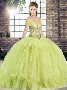 Customized Floor Length Lace Up Military Ball Gown Yellow Green for Military Ball and Sweet 16 and Quinceanera with Beading and Ruffles