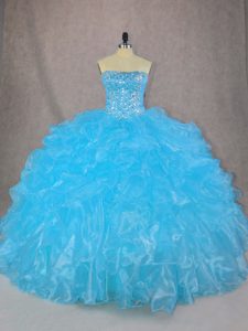 Captivating Beading and Ruffles Ball Gown Prom Dress Blue Lace Up Sleeveless Floor Length