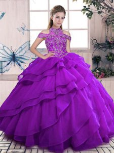 Exceptional Purple Sleeveless Organza Lace Up 15 Quinceanera Dress for Sweet 16 and Quinceanera