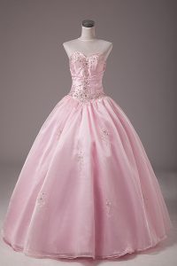 Floor Length Baby Pink 15 Quinceanera Dress Organza Sleeveless Beading and Embroidery
