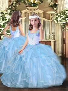 New Arrival Floor Length Lace Up Little Girls Pageant Dress Baby Blue for Party and Sweet 16 and Wedding Party with Beading and Ruffles