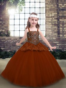 Ball Gowns Little Girl Pageant Dress Rust Red Straps Tulle Sleeveless Floor Length Lace Up