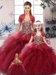 Spectacular Burgundy Off The Shoulder Neckline Beading and Ruffles Sweet 16 Dress Sleeveless Lace Up