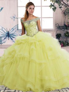 Exceptional Off The Shoulder Sleeveless Lace Up Vestidos de Quinceanera Yellow Tulle