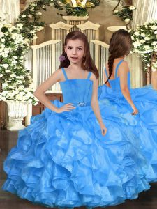 Dramatic Blue Little Girl Pageant Gowns Party and Sweet 16 and Wedding Party with Ruffles Straps Sleeveless Lace Up