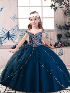 Sleeveless Pageant Gowns Floor Length Beading Navy Blue Tulle