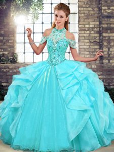 Aqua Blue 15th Birthday Dress Military Ball and Sweet 16 and Quinceanera with Beading and Ruffles Halter Top Sleeveless Lace Up