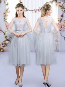 Tea Length Grey Quinceanera Court Dresses Scoop Sleeveless Lace Up