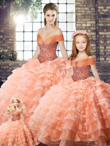 Peach Ball Gowns Beading and Ruffled Layers Quinceanera Gown Lace Up Organza Sleeveless