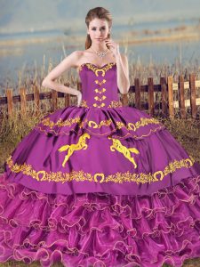 Cute Purple Ball Gowns Satin and Organza Sweetheart Sleeveless Embroidery and Ruffles Lace Up Quinceanera Dress Brush Train