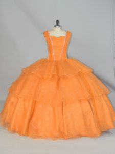 Fashion Floor Length Lace Up Vestidos de Quinceanera Orange for Sweet 16 and Quinceanera with Beading and Ruffled Layers and Ruching