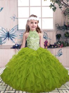 Latest Beading and Ruffles Pageant Dress for Girls Olive Green Lace Up Sleeveless Floor Length