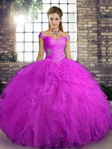 Modest Off The Shoulder Sleeveless Tulle 15th Birthday Dress Beading and Ruffles Lace Up