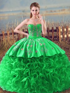 Green Ball Gowns Embroidery and Ruffles Quinceanera Gowns Lace Up Fabric With Rolling Flowers Sleeveless