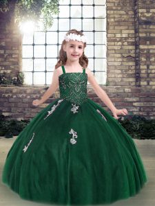 Luxurious Dark Green Straps Lace Up Appliques Pageant Dress for Teens Sleeveless