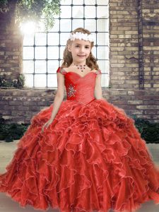 Adorable Red Sleeveless Floor Length Beading and Ruffles Lace Up Child Pageant Dress