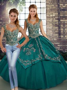 Fashionable Teal Two Pieces Straps Sleeveless Tulle Floor Length Lace Up Beading and Embroidery Vestidos de Quinceanera
