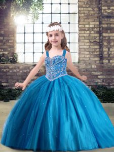 Blue Pageant Dress Party and Sweet 16 and Wedding Party with Beading Straps Sleeveless Lace Up